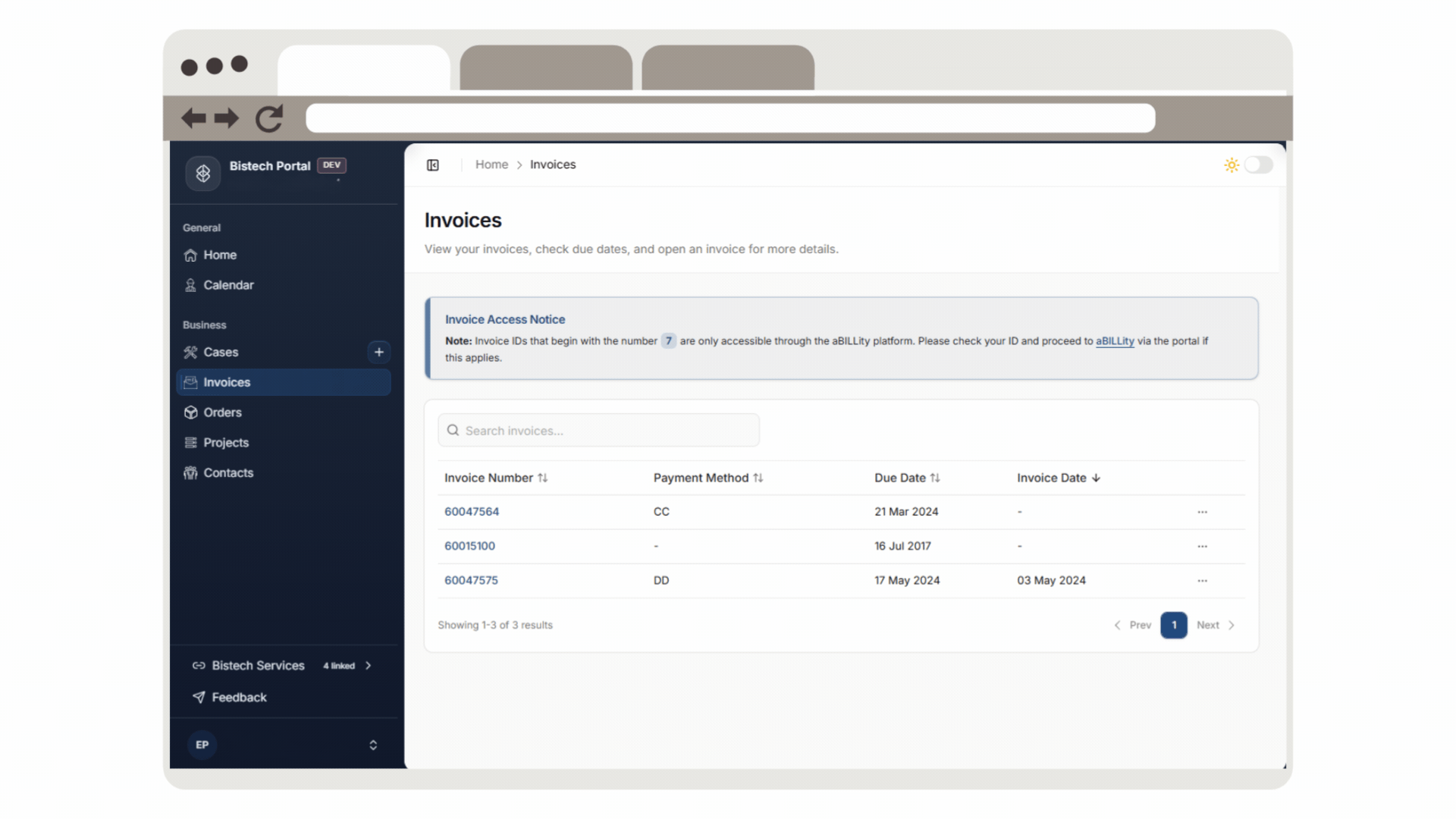 Bistech portal invoices