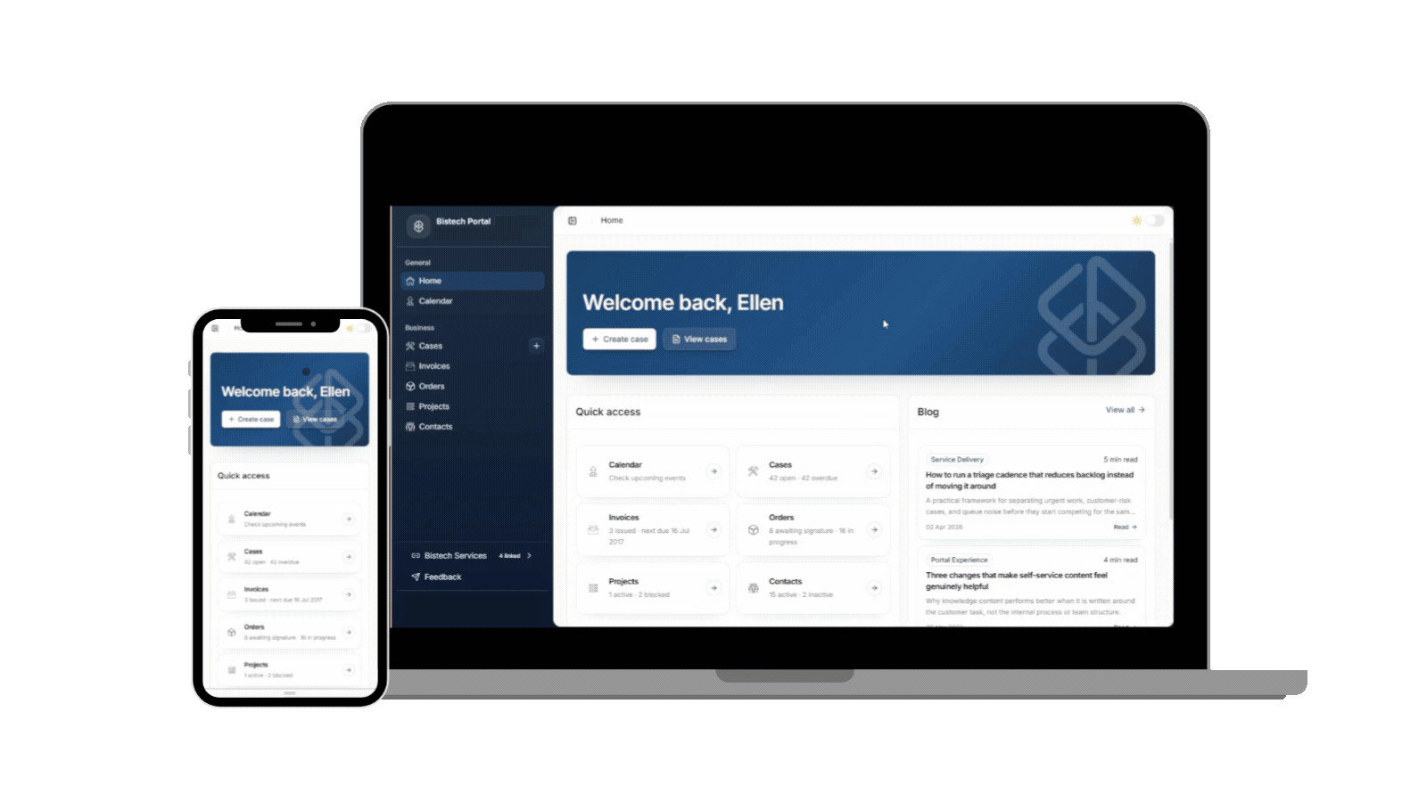 Bistech customer portal on phone and laptop